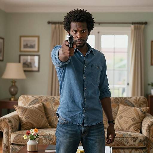 Man Pointing Handgun in Living Room