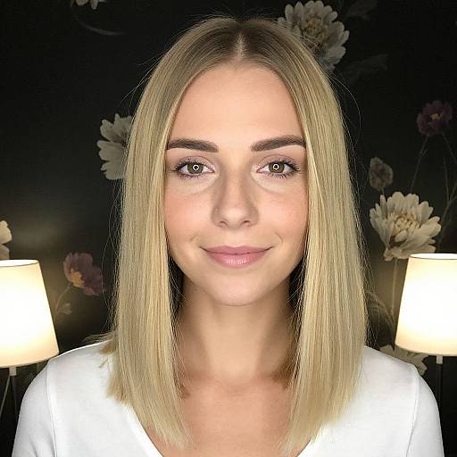 Photograph of a young Caucasian woman with straight, shoulder-length blonde hair, blue eyes, and fair skin, wearing a white top, smiling softly,