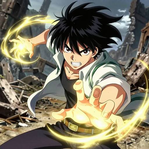 Anime-style digital artwork of a black-haired, muscular male character with spiky hair, glowing yellow energy rings, white jacket, and black pants, in