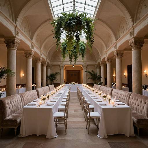 Photograph of elegant, upscale banquet hall with long white-linen tables, tufted beige benches, candles, arches, columns, and hanging