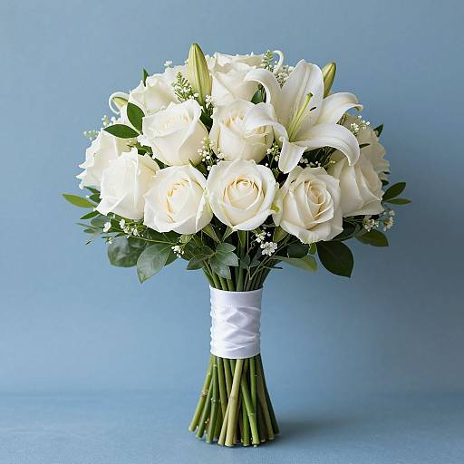 Photograph of a bouquet of white roses, lilies, and small filler flowers, wrapped in white ribbon, against a blue background.