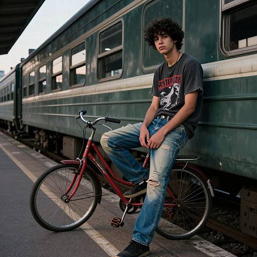 Photograph of a young man with curly black hair, wearing a black graphic tee and ripped jeans, leaning against a green train, with a red bicycle