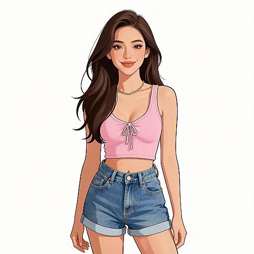 Digital anime-style drawing of a smiling young woman with long black hair, wearing a pink ribbed crop top and high-waisted blue denim shorts.