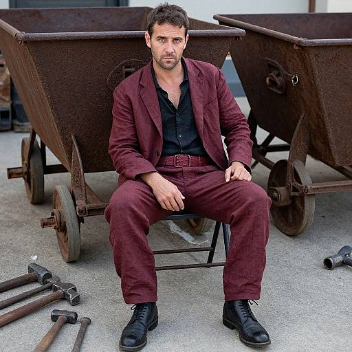 Photograph of a rugged, bearded man in a maroon suit, black shirt, and belt, seated between rusty wagons, with tools scattered