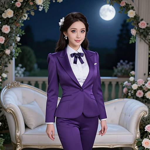 Photograph of a young Asian woman in a purple suit with black ribbon tie, white shirt, flower in hair, standing in front of a moonlit