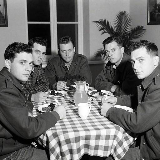 Casual Wartime Gathering: Black and White Photo