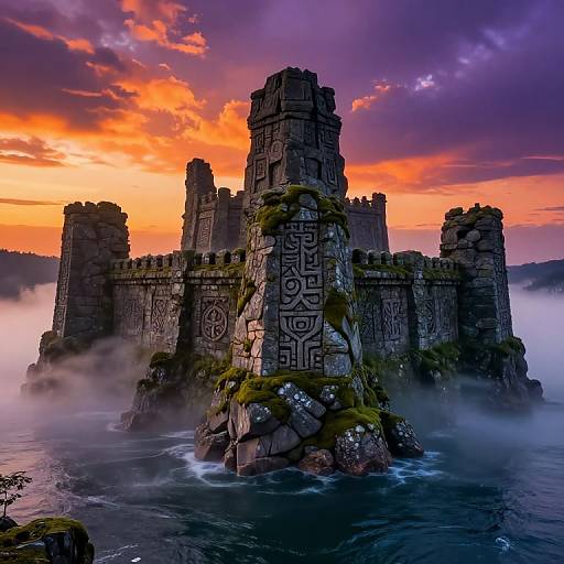 Photograph of a mystical, ancient stone castle with intricate carvings, surrounded by misty water at sunset, with vibrant orange and purple sky.