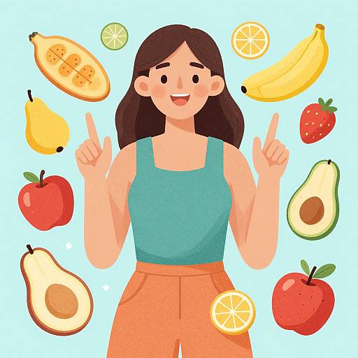 Cartoon-style illustration of a smiling, brown-haired woman in a blue tank top and orange pants, surrounded by floating fruits: banana, pear, avocado
