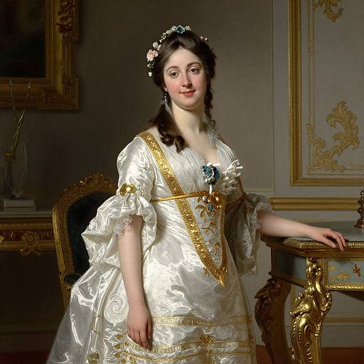 Photorealistic painting of a young, fair-skinned woman with dark hair, wearing an elaborate white and gold Rococo dress, floral headpiece,