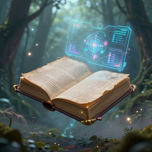 Magical open book floating in a forest, glowing blue holographic interface above it, surrounded by sparkling fairy lights and mist.