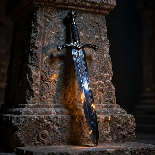 Photograph of a black, intricately designed sword with glowing embers, leaning against a weathered, ornate stone pillar in a dark, medieval