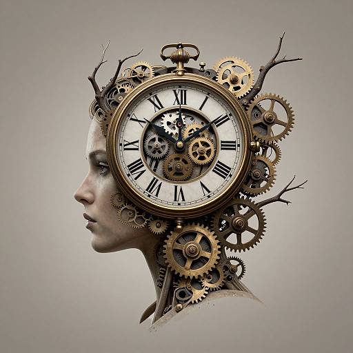 Digital artwork of a woman's profile with a clock inside her head, surrounded by intricate brass gears and leafless branches.