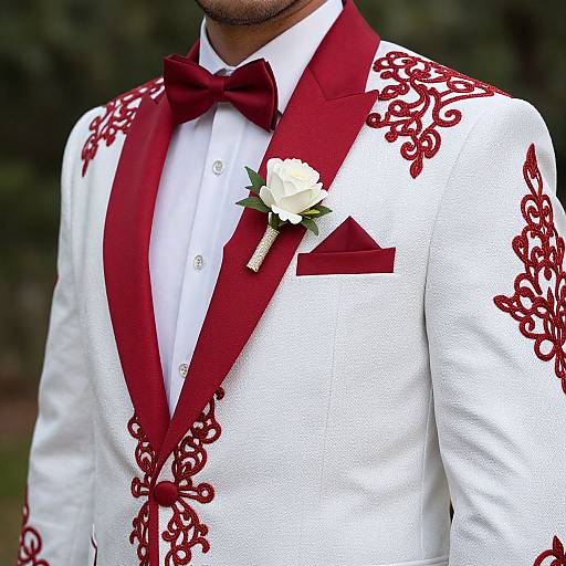 Photograph of a man in a white suit with red ornate patterns, red bow tie, white rose boutonniere, and red pocket square