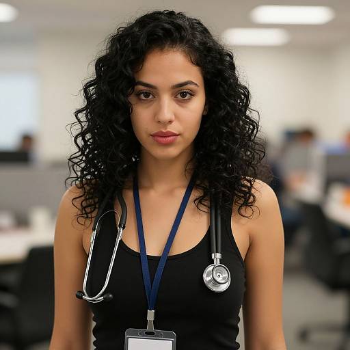 Photograph of a young woman with curly black hair, wearing a black tank top and stethoscope, standing in a blurred office background. She has