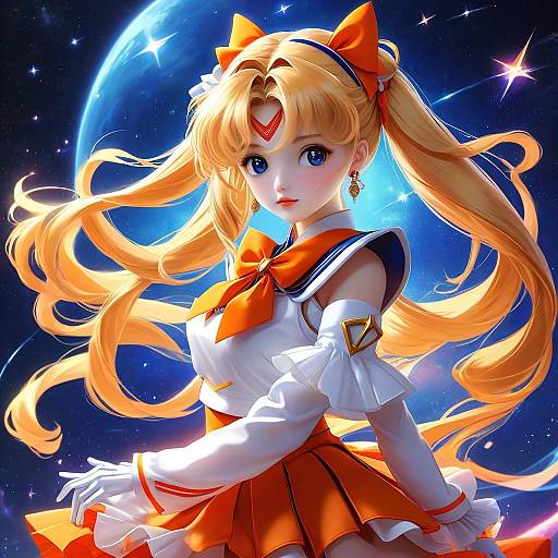 Digital anime-style illustration of a blonde, blue-eyed magical girl with long twin-tails, red bow, white top, orange skirt, and heart ti