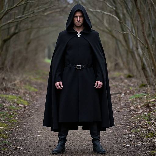 Photograph of a solemn, dark-haired man in a black hooded cloak, standing on a forest path, wearing black boots and pants.
