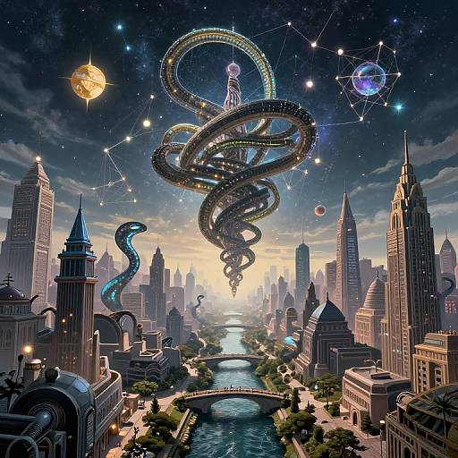 Digital artwork: A giant, glowing serpent coils above a futuristic cityscape with skyscrapers, a river, and a bridge, under a starry