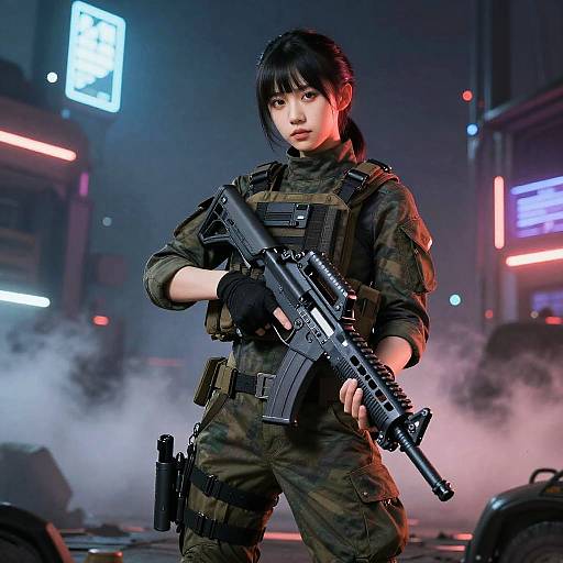 Digital art of an Asian woman in military camouflage, holding a rifle, standing in a neon-lit, smoky urban street at night.