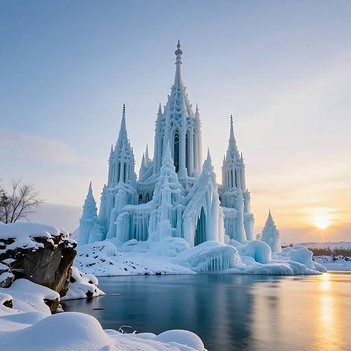 Photograph of a snow-covered, ice-encrusted, Gothic-style castle rising from a frozen lake at sunset, with a serene, reflective water