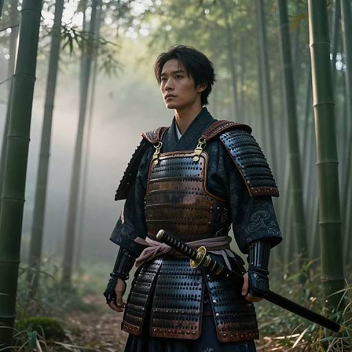 Photograph of an Asian man in traditional Japanese samurai armor, standing in a misty bamboo forest, holding a katana at his side.