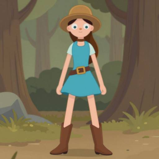 Digital cartoon of a young girl with pale skin, brown hair, wearing a blue dress, brown boots, and a straw hat, standing in a forest
