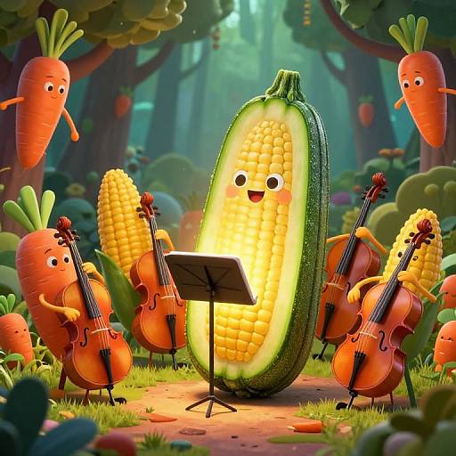 Whimsical digital illustration of anthropomorphic vegetables in a forest, with a green zucchini conducting a string quartet of smiling corn and carrot musicians.