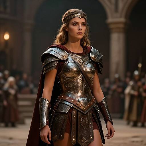 Digital painting of a blonde woman in shiny, medieval-style silver armor with a red cape, standing in a dimly lit, stone archway, surrounded