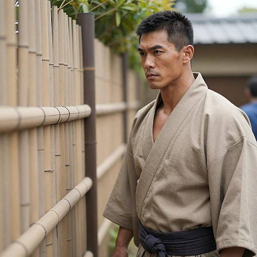 Muscular Asian Man in Kimono by Bamboo