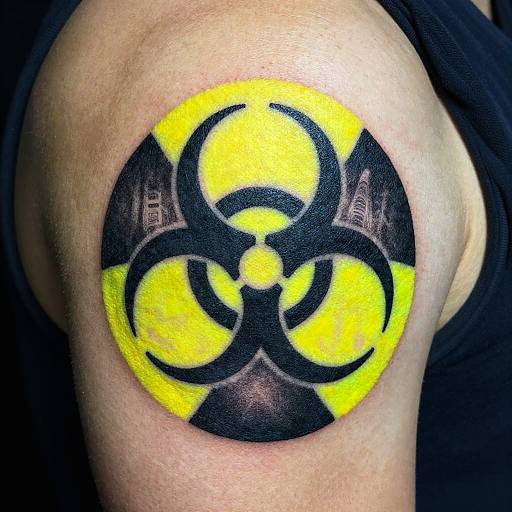 Photograph of a muscular arm with a bright yellow and black biohazard symbol tattoo, featuring detailed shading and bold lines.