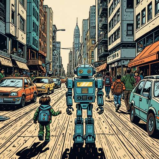 Cartoon Child Android and Robot Cityscape