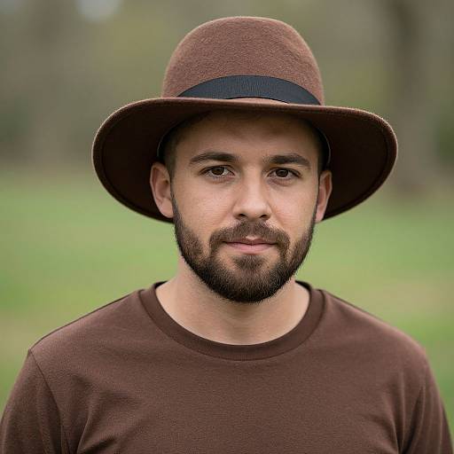 Photograph of a bearded man with medium skin tone, wearing a brown hat and brown shirt, standing in a blurred green outdoor background.
