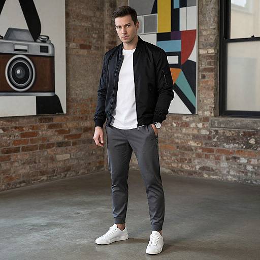 Photograph of a handsome man with short brown hair, wearing a black jacket, white t-shirt, gray pants, and white sneakers, standing in a