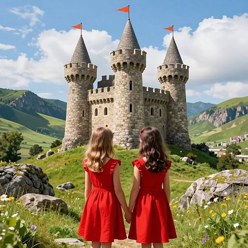 Photograph of two girls in red dresses, back view, standing in a sunny meadow, gazing at a medieval stone castle with three towers and