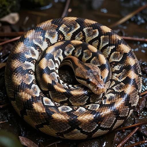 Photograph of a coiled, patterned snake with black, white, and brown scales on a dark, wet forest floor. Bright sunlight highlights its