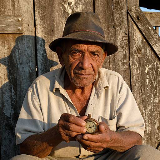 Photograph of an elderly, weathered man with dark skin, wearing a brown hat and white shirt, holding a vintage pocket watch, sitting against a