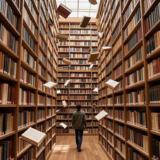 Photograph of a lone person in a library, standing between towering wooden bookshelves with floating books, surrounded by warm, natural light.
