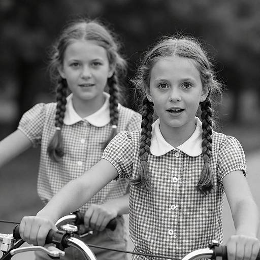 Two Girls Riding Bikes Black and White