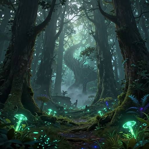 Mystical forest illustration: tall, shadowy trees illuminated by glowing green mushrooms, a lone figure in silhouette, misty atmosphere, ethereal blue