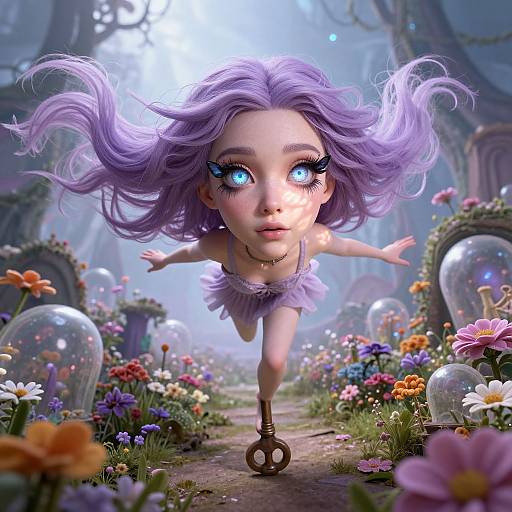 Digital art: A whimsical, purple-haired girl with glowing blue eyes runs through a magical forest, surrounded by colorful flowers and transparent bubbles.