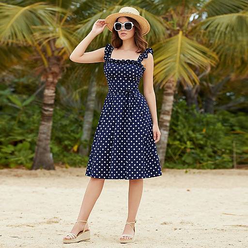 Photograph of a woman in a navy blue polka dot dress, straw hat, and sunglasses, standing on a sandy beach with palm trees in the