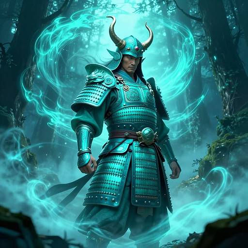 Digital illustration of a fierce samurai with glowing blue aura, wearing detailed armor and horned helmet, standing in a misty forest.