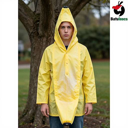 Photograph of a young man in a bright yellow raincoat with hood, standing outdoors near a tree, wearing blue jeans. Batiste logo in the