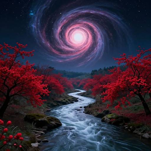 Cosmic River Through Blossoming Landscape