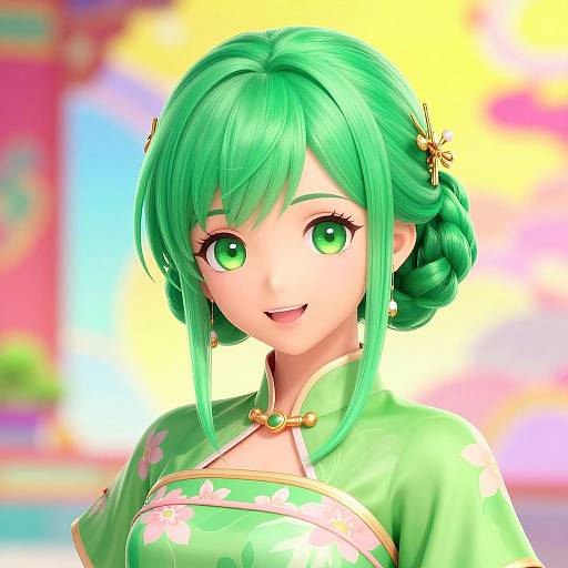 Bright CGI anime-style portrait of a green-haired woman with large green eyes, wearing a green floral kimono, smiling, adorned with hairpins, against