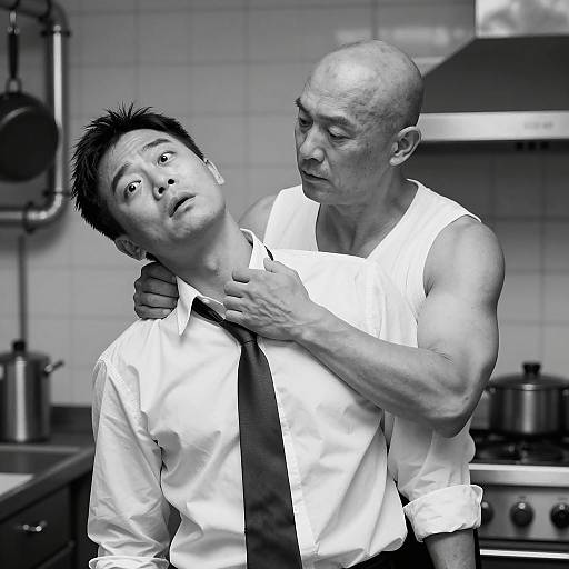 Intense Kitchen Confrontation in Black and White