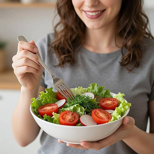 Photograph of a smiling woman with wavy brown hair in a gray shirt, holding a white bowl of fresh salad with tomatoes, lettuce, dill