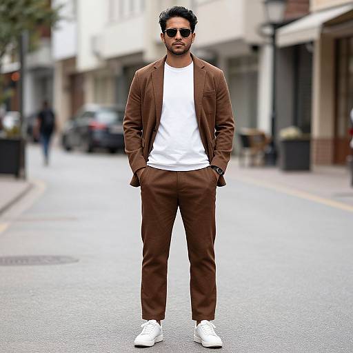 Photograph of a stylish, dark-skinned man with short black hair, wearing a brown suit, white t-shirt, white sneakers, and sunglasses,