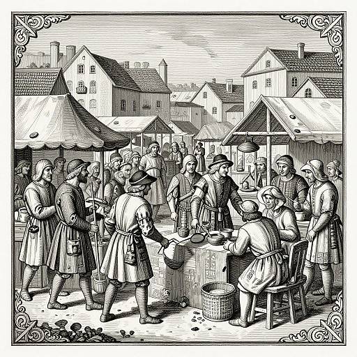 Black-and-white illustration of a bustling medieval market, showing villagers in tunics, hats, and aprons trading goods in front of wooden stalls and that