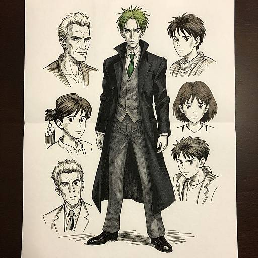 Anime-style digital drawing of a green-haired man in a long black coat and suit, surrounded by six headshots of different characters. Monochrome with black