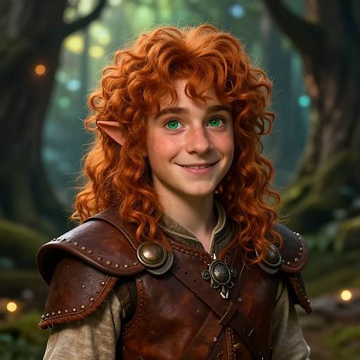 Digital illustration of a young, smiling elf with vibrant red curly hair, green eyes, wearing brown leather armor in a mystical forest.